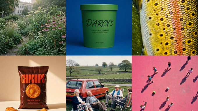A six-panel collage showing: a garden with flowers and tall grasses; a green ice cream container labeled “D’Arcy’s Vanilla Watermelon New Zealand Ice Cream”; a close-up of colorful fish scales; a brown “CHIPCHIPS Peking Duck” potato chips bag; four adults sitting outdoors beside a red car in a rural field; and an overhead view of people playing with balls on a pink court.