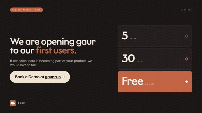 We are opening Gaur to our first users.

If analytical data is becoming part of your product, we want to work with you.

5 teams. 30 days. No cost.

Help us shape the runtime layer for analytical data. Book a demo at gaur.run.