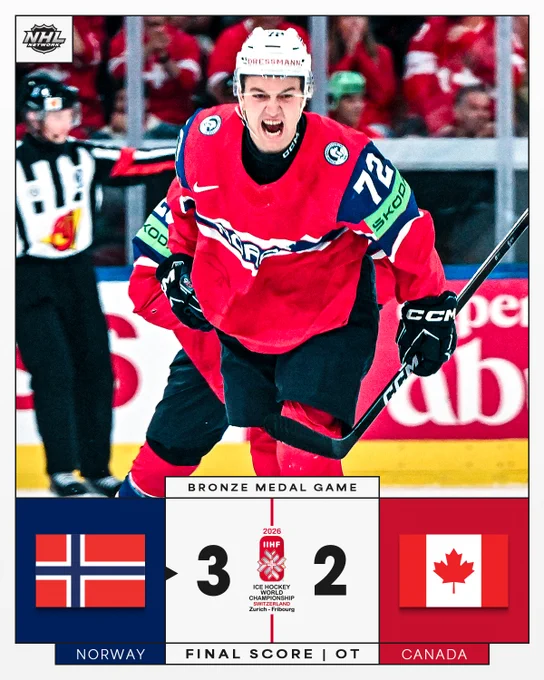 Top: Photo of Stian Stolberg celebrating in a Norway uniform.\nBottom: Final score reading \"Norway: 3 Canada: 2\"