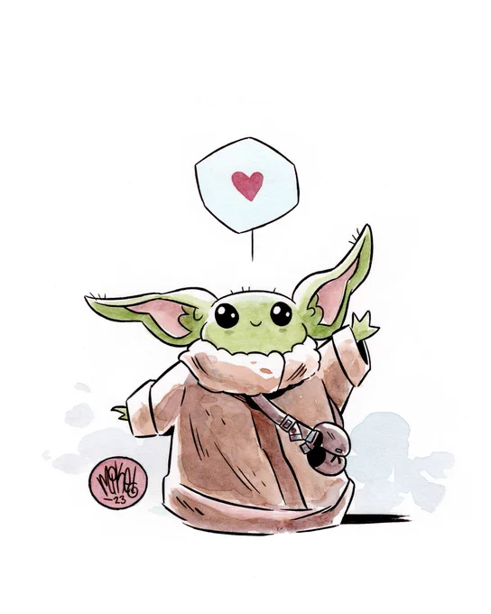 Watercolor sketch of Grogu, once incorrectly referred to as Baby Yoda because Star Wars took forever to tell us his actual name. That's OK. I still love you, Star Wars.