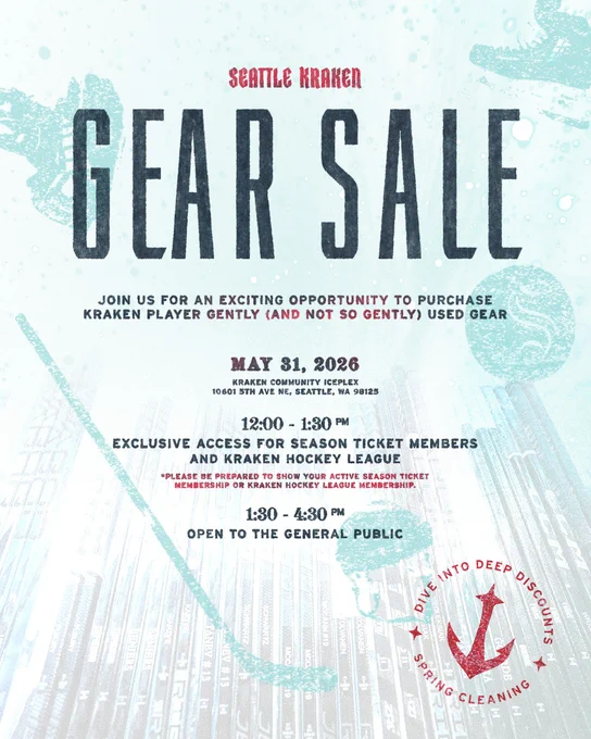 "GEAR SALE" graphic promoting Kraken Gear Sale beginning at noon for season ticket members and Kraken Hockey League, and at 1:30pm to the general public.