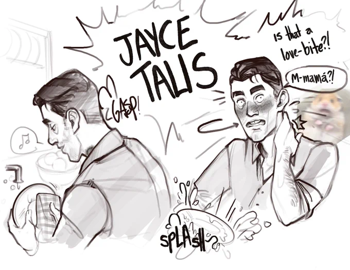 Two-panel drawing. 
P1: Jayce is washing the dishes, humming to himself. The very edge of a hickey peeks up over the collar of his shirt.
P2: Ximena, off-screen, shouts in surprise: "JAYCE TALIS. Is that a love-bite!?"
Jayce drops the plate he was cleaning into the sink with a soapy splash. His hand flies to cover his hickey, eyes wide, cheeks flushed with embarrassment. That one terrified hamster meme overlays. Jayce: "M-mamá?!"