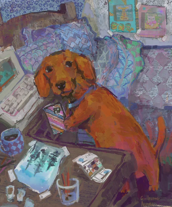painting of a sausage dog taking a photo of a boreal landscape watercolor he painted in his room