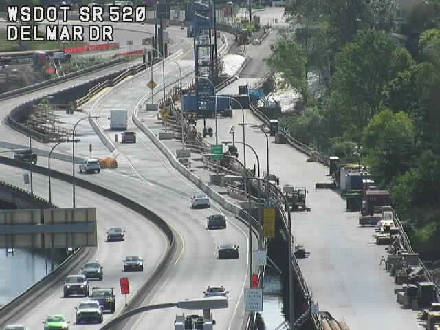 Screengrab of traffic on eastbound SR 520 following a weekend closure of the bridge between I-5 and Montlake.