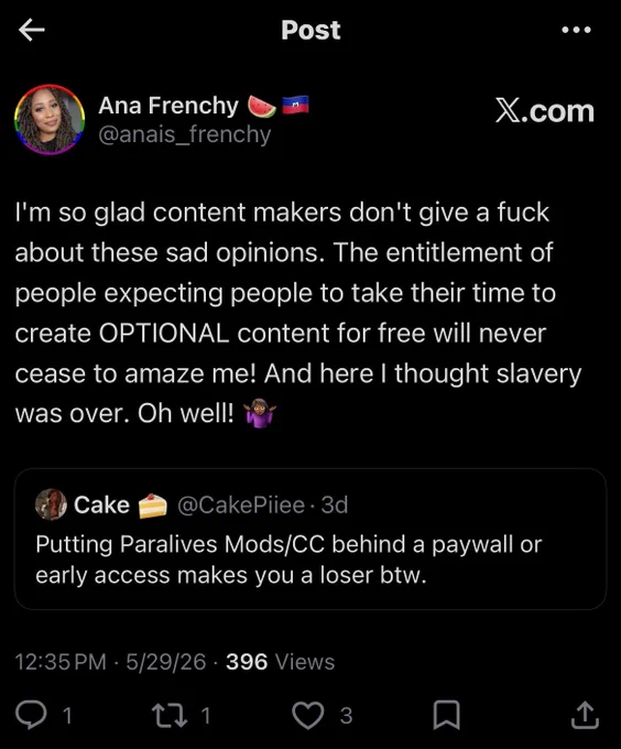 Twitter user @/anais_frenchy stating, “I'm so glad content makers don't give a fuck about these sad opinions. The entitlement of people expecting people to take their time to create OPTIONAL content for free will never cease to amaze me! And here I thought slavery was over. Oh well! 🤷🏾‍♀️”