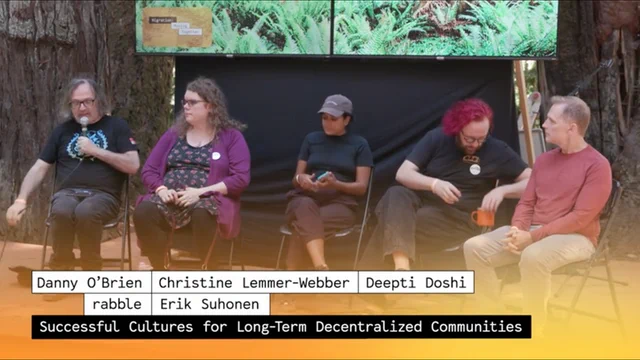 Thumbnail of a talk titled “Successful Cultures for Long-Term Decentralized Communities”, with Danny O’Brien, Christine Lemmer-Webber, Deepti Doshi, rabble, and Erik Suhonen