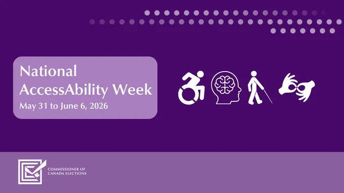 Visual representation of some disability types such as motor, cognitive, visual, and auditory, with the logo of the Commissioner of Canada Elections – a checked box and a maple leaf. Text on image: National Accessibility Week. May 31 to June 6, 2026.