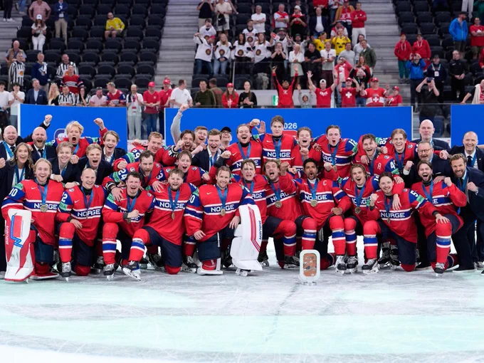 Team photo of Norway on ice at the 2026 Men's Ice Hockey World Championship.