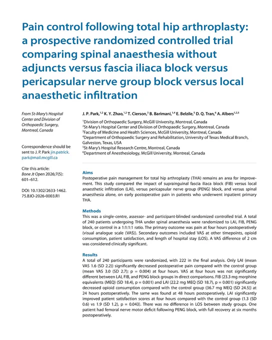 Comparison of pain control methods after total hip arthroplasty in a randomized trial assessing spinal anesthesia with various nerve blocks and local infiltration.