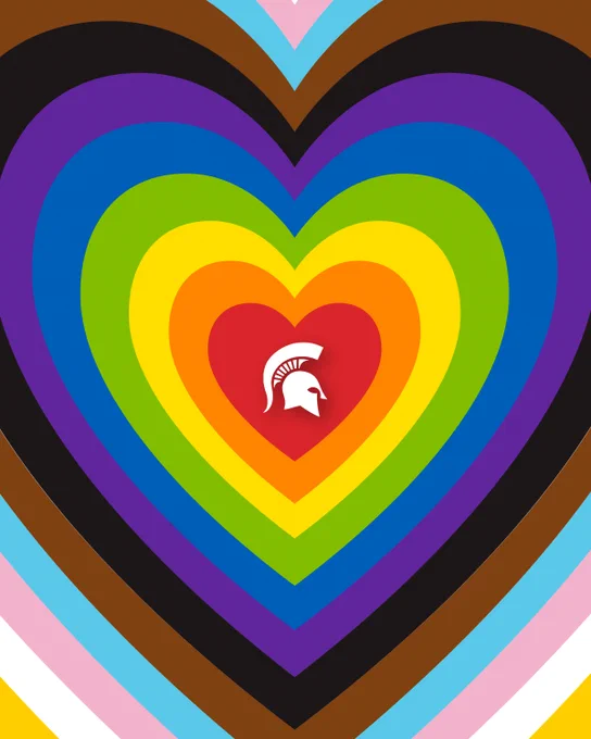 Concentric hearts in Progress Pride flag colors: red, orange, yellow, green, blue, purple, black, brown, light blue, pink, and white. A white Spartan helmet logo is centered in the red heart.