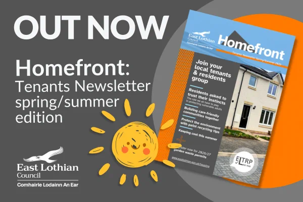 Homefront: Tenants Newsletter Spring/Summer edition announced with text and a cartoon sun. Brochure cover visible.