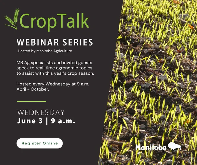 CropTalk webinar series announcement by Manitoba Agriculture with young green crop shoots emerging from soil, scheduled for June 3 at 9 a.m.