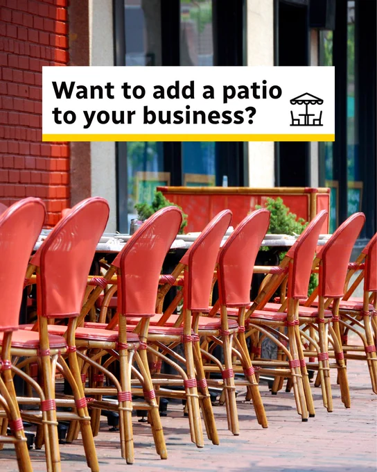 Outdoor dining area with red chairs and tables. Text says "Want to add a patio to your business?" 