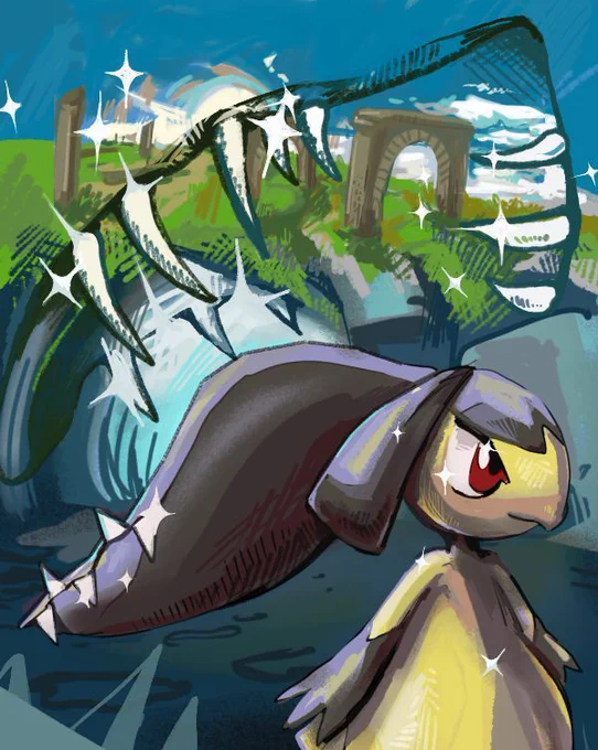 A digital painting featuring the pokemon mawile. At the top of the image, a landscape with stone arches in front of a clouded blue sky is obscured by a set of sparkling sharp teeth. At the bottom, the pokemon stands in a blue rocky cave.

It's been nice to use old low resolution drawings later on for bigger pieces. I've been enjoying the satisfaction of that sort of recycling lately.