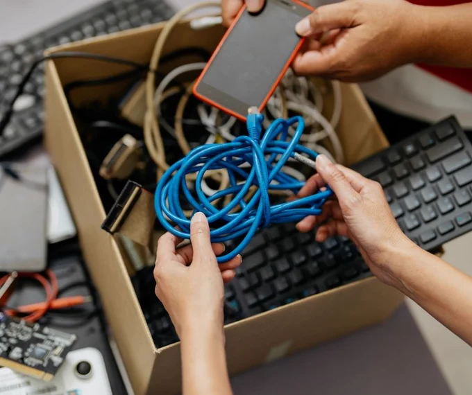 Hands holding a tangled blue Ethernet cable above a box filled with various computer cables and keyboards.