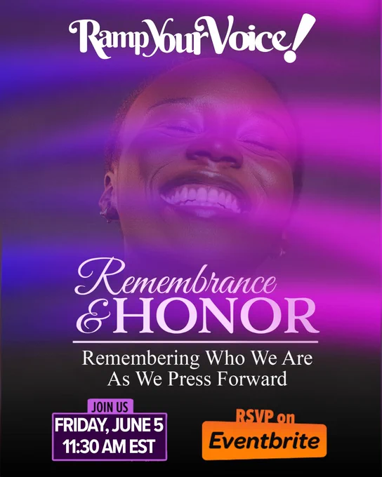 A brown skinned Black Femme smiling with their eyes closed, is shown as the backdrop for the text announcement:

“Remembrance & Honor:  Remembering Who We Are As We Press Forward
Join us - Friday, June 5, 2026, 11:30am EST
RSVP on Eventbrite”
