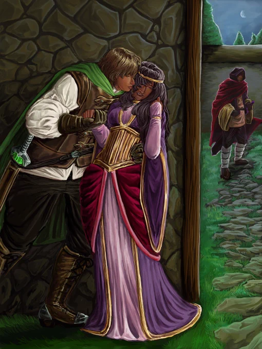 A very detailed painting of Laurance and Aphmau in more traditional fantasy versions of their Diaries attire. They are pulled to the side of a cobblestone building, Laurance pulling her in by the waist and taking her hand as he leans to kiss her on the hand. She smiles with her head titled to the side coyly. A few yards away in the background through a grass and stone path is Aaron, a city wall and tree tops further behind him.