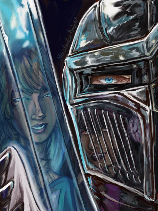 A digital painting of Garroth Ro'Meave from Minecraft Diaries polishing his sword. He's in his armor with his helmet taking up half the screen and his sword the other half. Reflected in his helmet is Aphmau, smiling and looking to Laurance, who is reflected in his sword with a smile and hand on his shoulder. The key detail of the art is his eye, showing through the eye hole of his helmet. His brows are furrowed and his nose is scrunched as his bright blue eye looks directly at them.