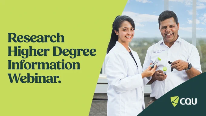 Two researchers in lab coats with text that says Research Higher Degree Information Webinar