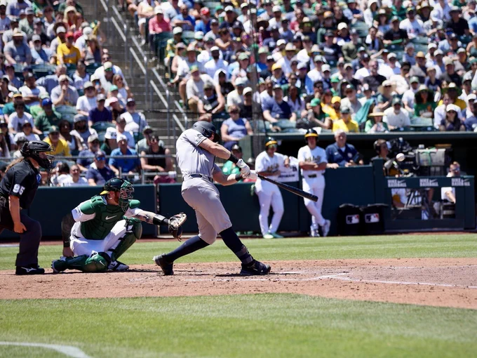 Ben Rice hits the ball in the 3rd inning vs. the Athletics.