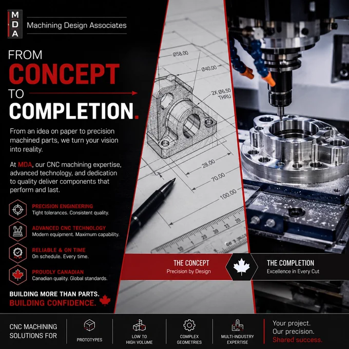 At MDA, precision is built into every stage of the process.

From engineering drawings to fully machined components, we combine advanced CNC technology, technical expertise, and strict quality standards to deliver reliable manufacturing solutions that perform under pressure.

✔ Precision Engineering
✔ Advanced CNC Machining
✔ Reliable Turnaround
✔ Canadian Quality Standards

Whether it’s prototypes, complex geometries, or production-scale machining, our team is committed to accuracy, consistency, and long-term performance.

Building more than parts. Building confidence.