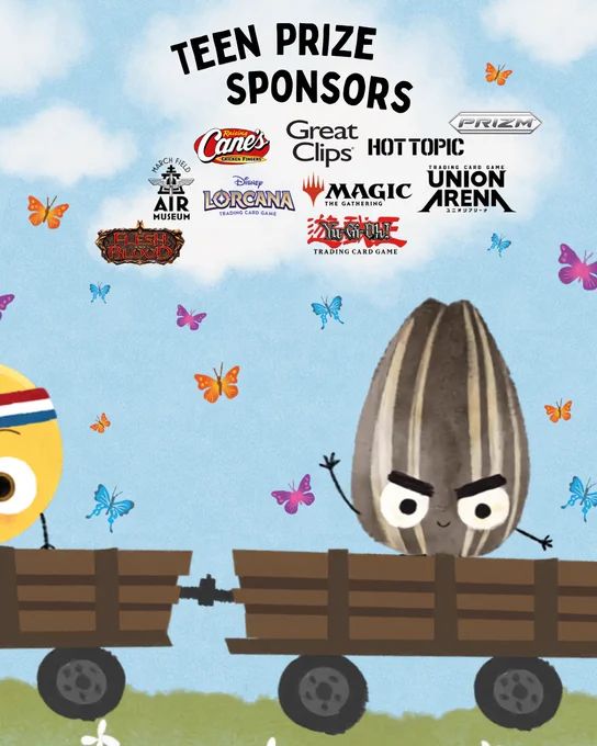 Cartoon sunflower seed and character riding wooden wagons under a blue sky with butterflies, above logos of teen prize sponsors.
