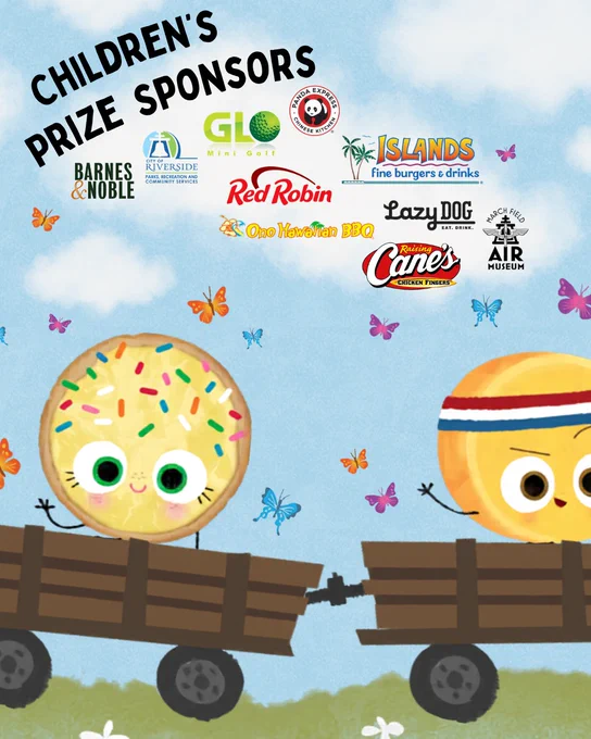 A cartoon cookie and cheese wheel with smiling faces riding in wooden wagons surrounded by colorful butterflies under a banner listing children's prize sponsors.