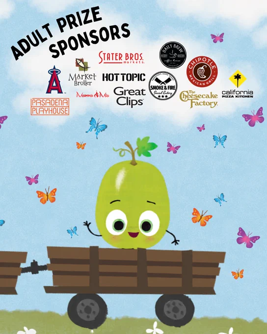 Cartoon green grape with big eyes and a smile sitting in a wooden wagon surrounded by colorful butterflies against a blue sky with Adult prize sponsor logos.