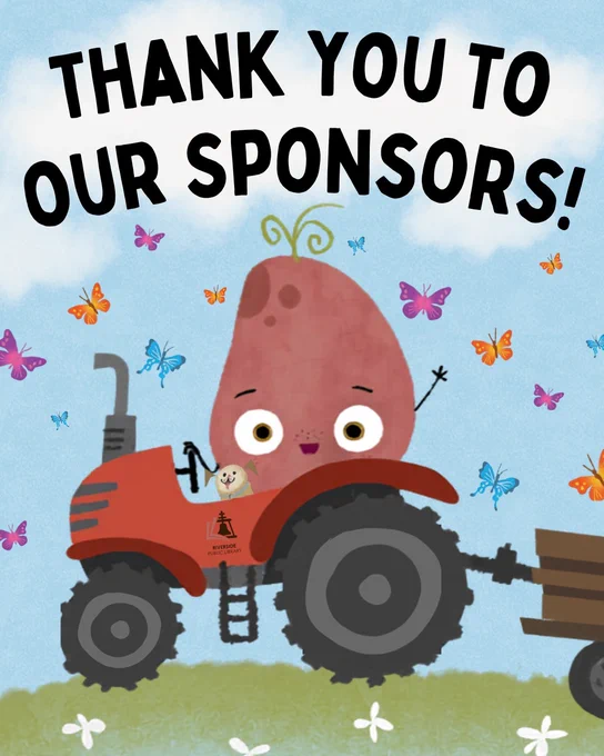 Cartoon potato character driving a red tractor with colorful butterflies flying around and text thanking sponsors above.
