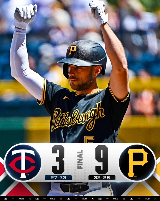 Final Score Graphic - 5/31/2026
Minnesota Twins 3 (27-33), Pittsburgh Pirates 9 (32-28)
Pictured: Brandon Lowe celebrates with his arms raised while he stands on second base. He wears a black Pirates jersey with a black batting helmet.