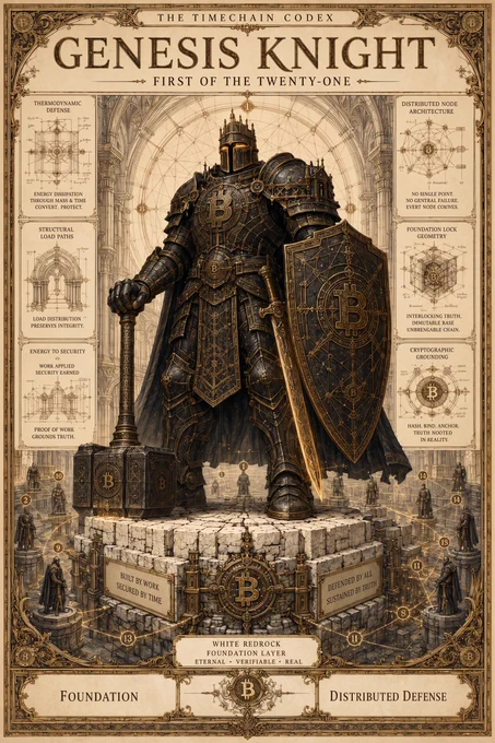 This plate is the visual embodiment of Proof of Work.

The Genesis Knight represents:

thermodynamic honesty
distributed defense
cryptographic verification
decentralized sovereignty
civilizational resilience

The plate teaches that Bitcoin is not primarily money.

Bitcoin is infrastructure.

Bitcoin is defense.

Bitcoin is a permanent foundation layer upon which future civilization can be built.

The Genesis Knight is the guardian standing where mathematics, architecture, energy, and truth become one structure.