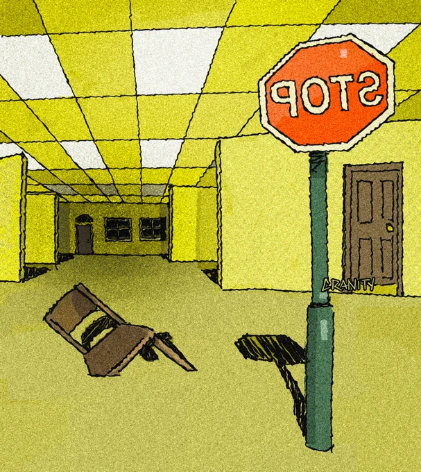 Drawing of a space within the backrooms. We are in it's endless faded yellow walls and carpet, ceiling tiles and office lights stretching overhead. What we can see is a row of 3 walls, the first 2 open in the middle so we just see parts of one behind the other, and the one at the end having a house front door and 2 windows on it. It is dark within whatever room it leads to. We are viewing all this slightly to the right of where the row of walls opens in the middle, and the wall closest to us also has a closed door on it. Right in front of us is a stop sign, the signage it backwards. a little ways behind it is a wooden chair that looks like it is partially sunken into the floor. The ceiling lights are burnt out towards the back of this room, casting the background in shadow.