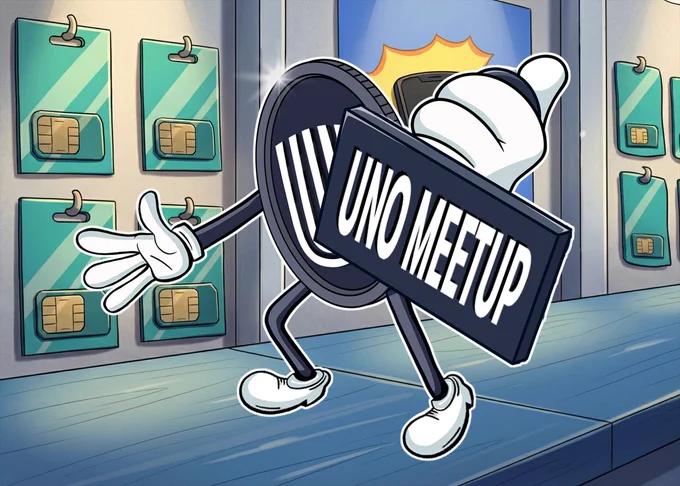 UNO Holder Meetup promotional graphic for the Unity Network community. A cartoon UNO token character walks through a telecom and eSIM-themed environment carrying a large sign reading “UNO Meetup.” SIM cards are displayed on the walls, representing decentralized telecommunications, mobile connectivity, and blockchain-powered telecom infrastructure. This image promotes the monthly UNO Holder Meetup held on the first Tuesday of every month in the Unetwork Discord. UNO holders can join the Unity Network team for project updates, community discussions, network developments, node operator insights, token ecosystem news, and open Q&A sessions. The meetup provides direct engagement with the Unity Network community, opportunities to ask questions, share feedback, discuss ULO topics, and stay informed about the future of decentralized telecom, blockchain communications, and the UNO token ecosystem. #UNO #UnityNetwork #Unetwork #Blockchain #Telecom