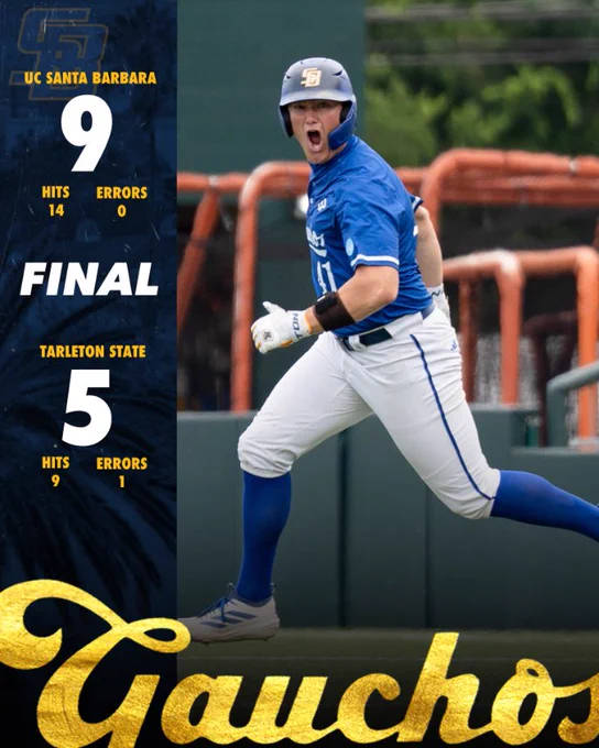A final score graphic. Photo. To the left of the photo, text reads: UC Santa Barbara 9, Hits 14, Errors 0. FINAL. Tarleton State 5, Hits 9, Errors 1. Gauchos appears in a gold foil script across the bottom of the graphic. 