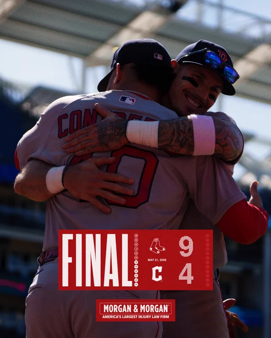 Final score from May 31, 2026
Red Sox 9 Guardians 4

IMAGE: Final score graphic featuring a photo of Jarren Duran and Willson Contreras hugging in front of the dugout after victory.