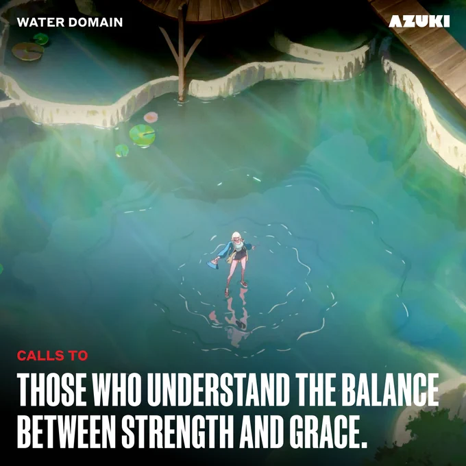 An anime character stands in a reflective, tranquil water domain, evoking balance and grace. Text overlay adds a motivational element.