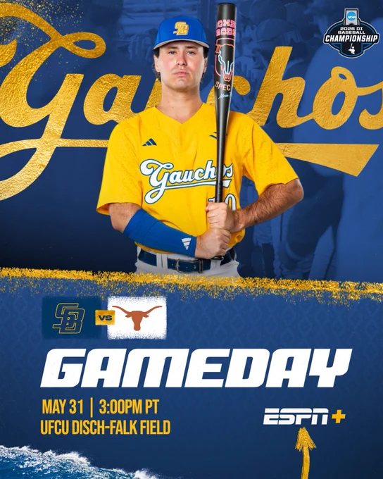 UCSB Baseball Gameday graphic. UCSB vs. University of Texas . Game is on May 31st at 3:00pm PT at UFCU Disch-Falk Field. Game can be watched on ESPN . Photo of Liam Barrett holding a bat over his shoulder.