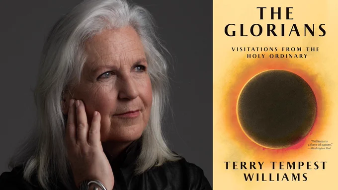 Left: Portrait of author Terry Tempest Williams.

Right: Book cover for "The Glorians" by Terry Tempest Williams.