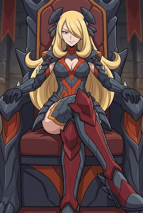 Cyntia lounges regally on a massive dark spiked throne, her long blonde hair flowing dramatically. She wears bold red, black, and gray armored outfit with sharp angular details and heart-shaped chest cutout, legs crossed with one arm resting on the throne. Intense lighting emphasizes her commanding presence and intricate armor details.