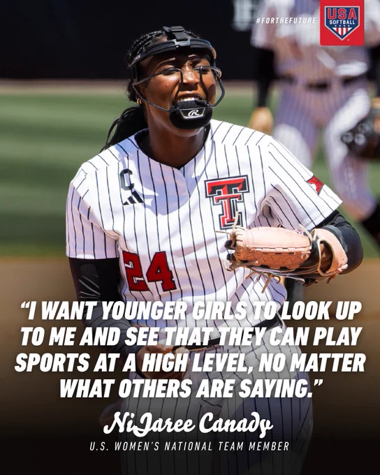 A female softball player passionately expressing a message of empowerment for young girls. The image features a motivating quote with strong team spirit vibes.