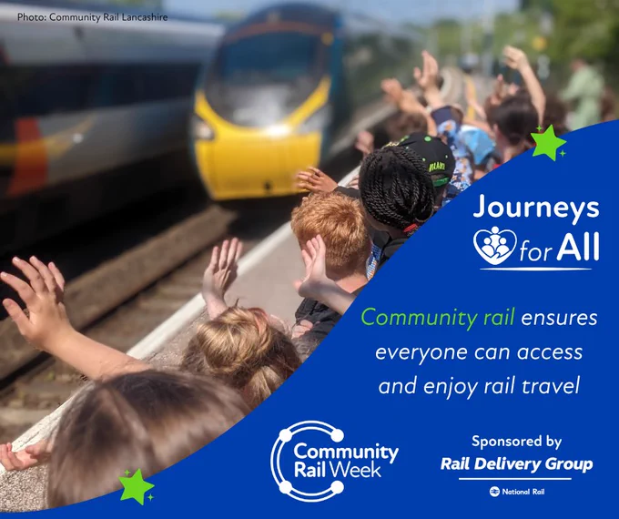 Photo on the left (courtesy of Community Rail Lancashire) shows a busy platform full of secondary school children waving at an Avanti West Coast train pulling into a station. The white and bright green text next to it, on a deep blue background, reads: “Community rail ensures everyone can access and enjoy rail travel. Journeys for All.” The white circular Community Rail Week logo sits at the bottom of the image, next to one that reads: "Sponsored by Rail Delivery Group."