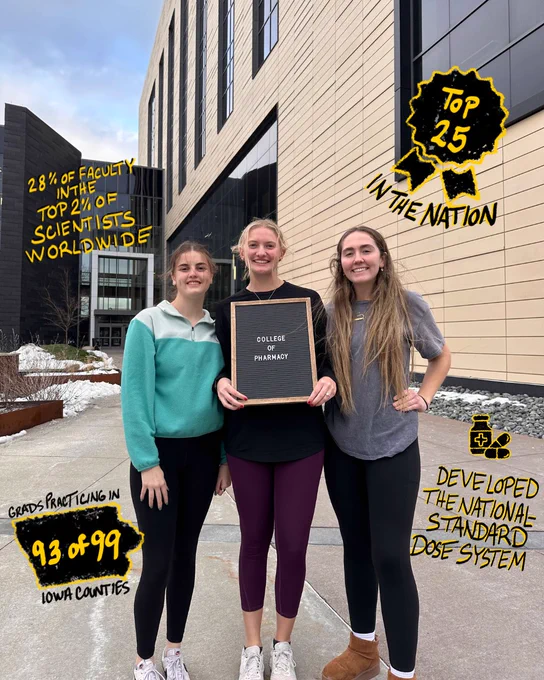 Three students stand outside a modern building, one holding a 'College of Pharmacy' sign, highlighting faculty and research achievements.