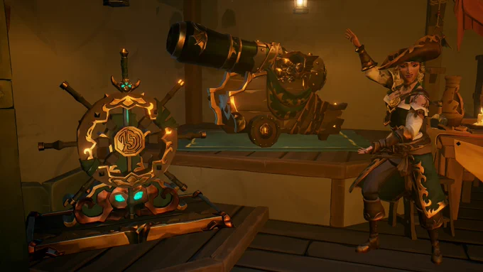 A pirate lady presenting golden ship cosmetics while wearing clothes with the same theme inside a shop