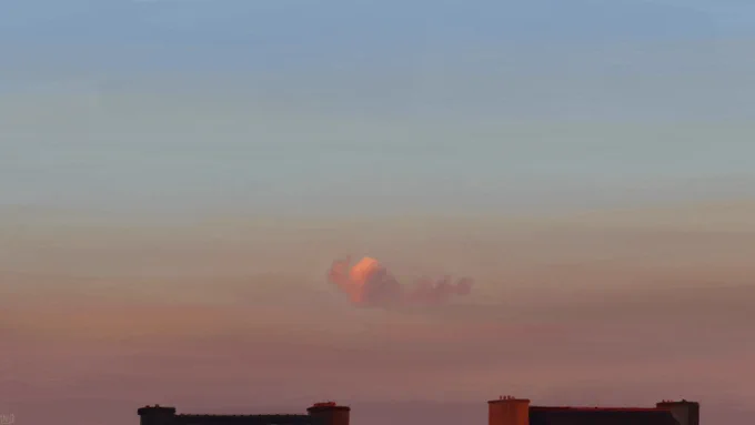 Digital painting of a sunset sky over some orange-tinted roofs. The sky is a gradient of pastel colours, blue, green, orange, pink. There is a single, small cloud in the middle of the frame, glowing orange where the light hits it.