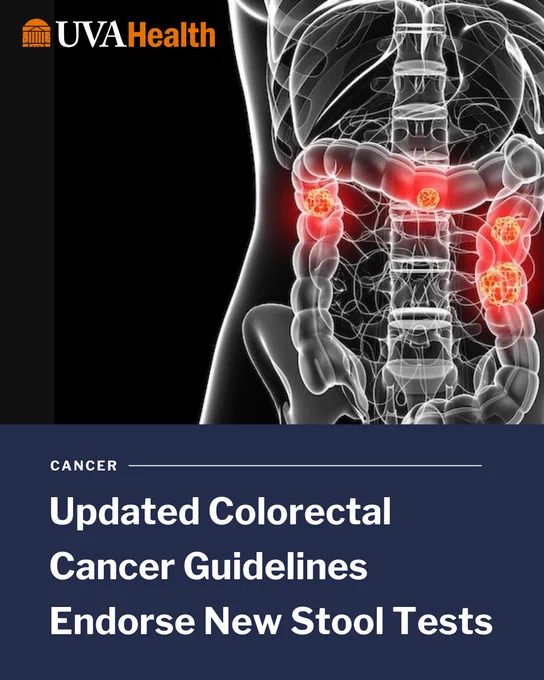 The image shows a medical illustration of a human torso with the intestines highlighted in red, indicating inflammation or focus areas, under the title "Updated Colorectal Cancer Guidelines Endorse New Stool Tests." The UVA Health logo is visible at the top.