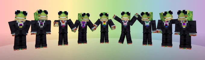 Mr. Pack, Modrinth's frog mascot, sporting nine Pride flag-themed ties.