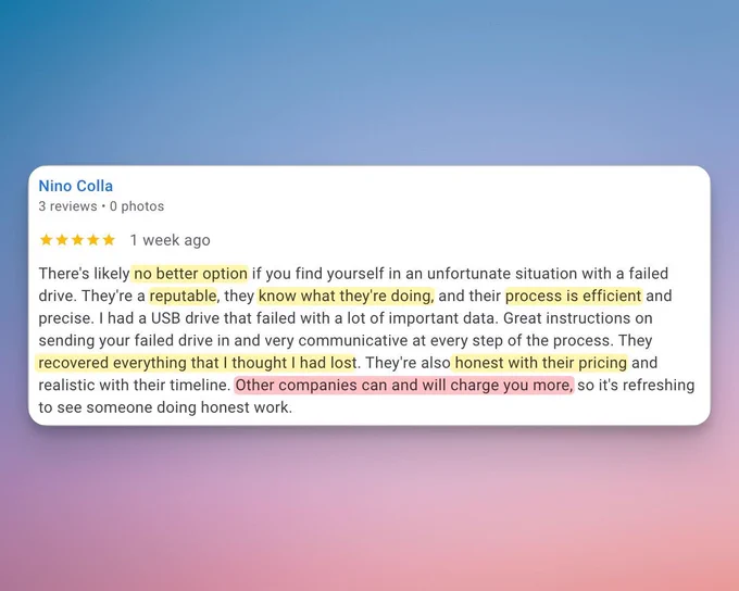 Five-star review from Nino Colla praising $300 Data Recovery for recovering a failed USB drive with honest pricing and clear communication.