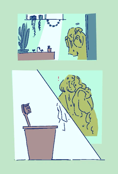 Page 5 of 7.

Habit steps out of the shower into a plant-filled bathroom, drying himself with a towel. The window’s sunbeam draws his attention to his toothbrush on the counter.
