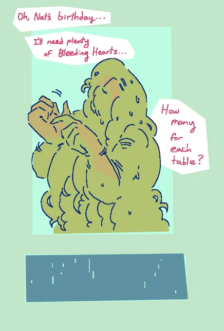 Page 4 of 7.

Habit starts counting on his hand.

“Oh, Nat’s birthday… I’lll need plenty of Bleeding Hearts… How many for each table?”

The shower slows to a drizzle.
