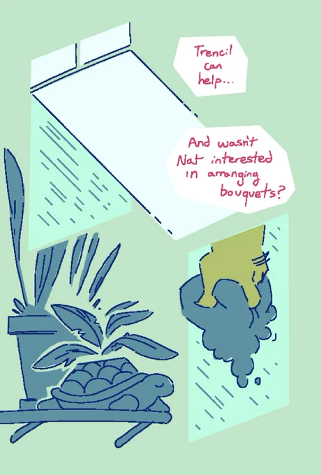 Page 3 of 7.

Light pours from a window above the shower. Habit squeezes a sponge. “Trencil can help… and wasn’t Nat interested in arranging bouquets?”

Various potted plants are nearby.